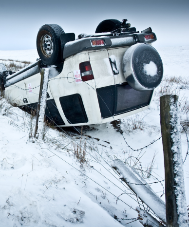 Overturned car in a snowy area - Mercer Legal Group services