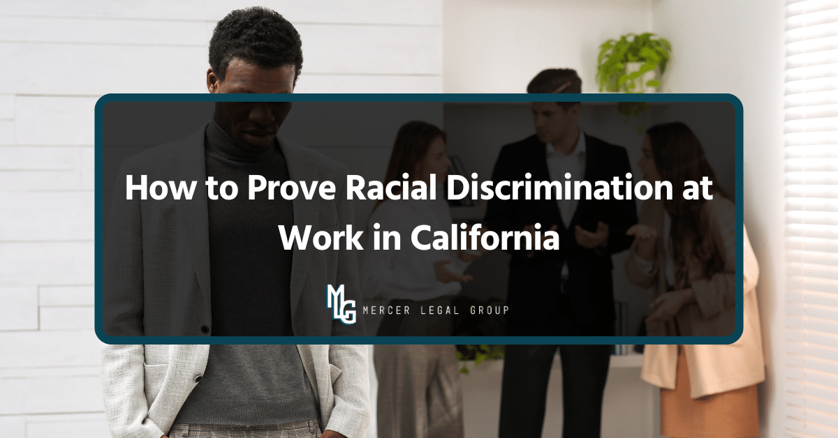 Employee experiencing racial discrimination in the workplace while coworkers interact in the background