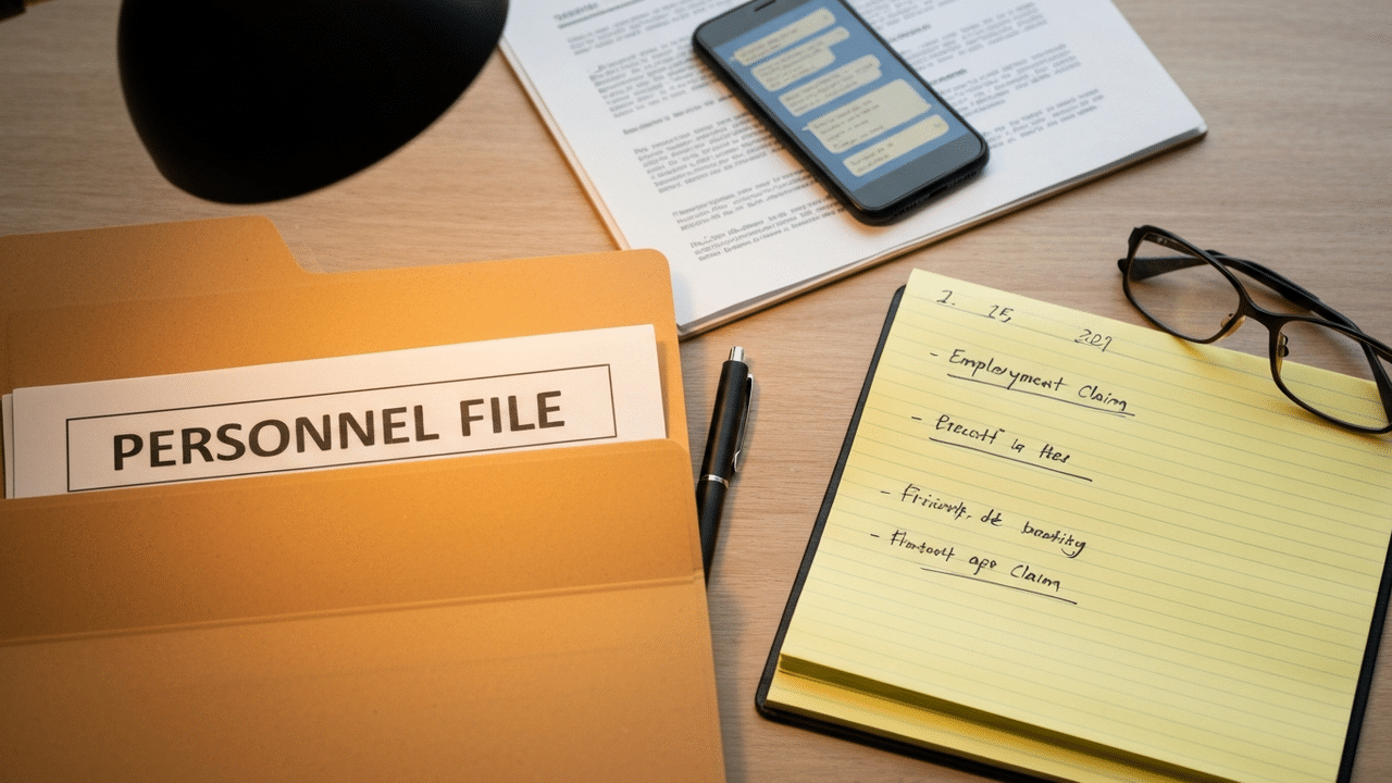 Desk with a personnel file folder, smartphone showing a text-message thread, yellow legal pad with handwritten notes, and reading glasses — documentation of a wrongful termination claim