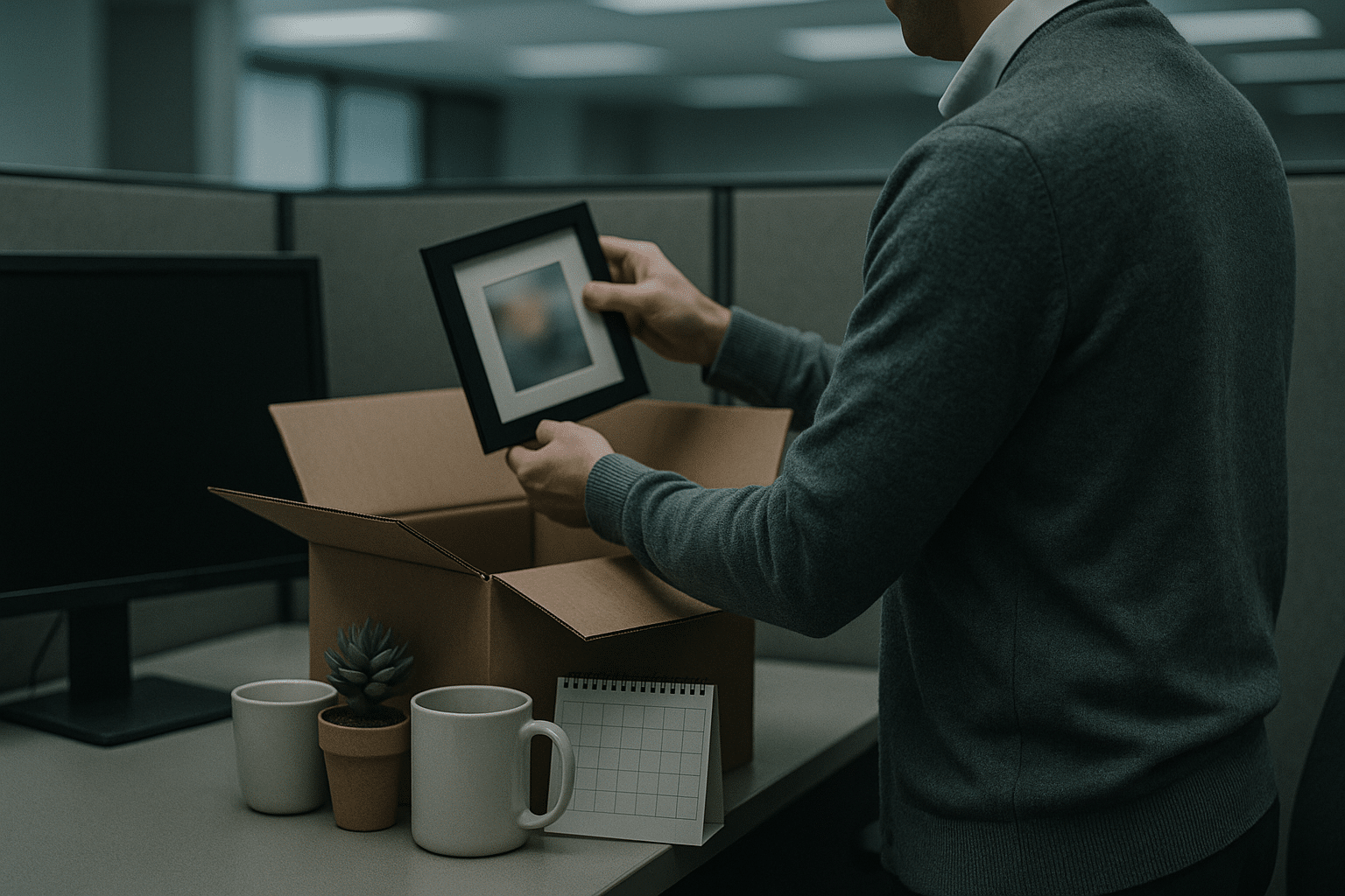 Employee packing personal items from their desk into a cardboard box after being terminated