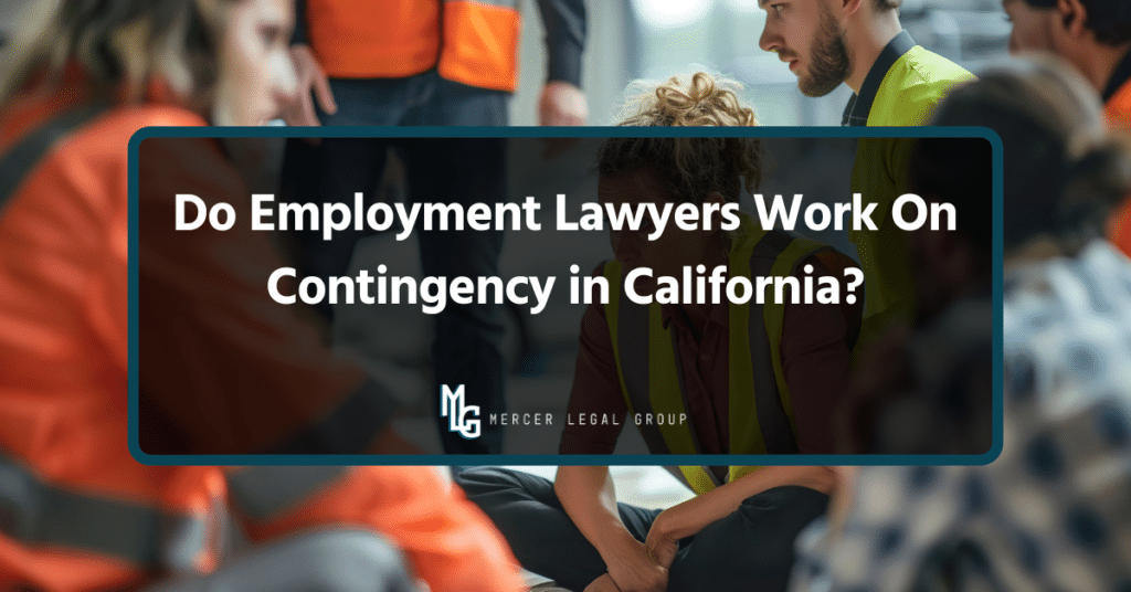 Employees discussing a workplace legal issue while learning about contingency fee representation in California
