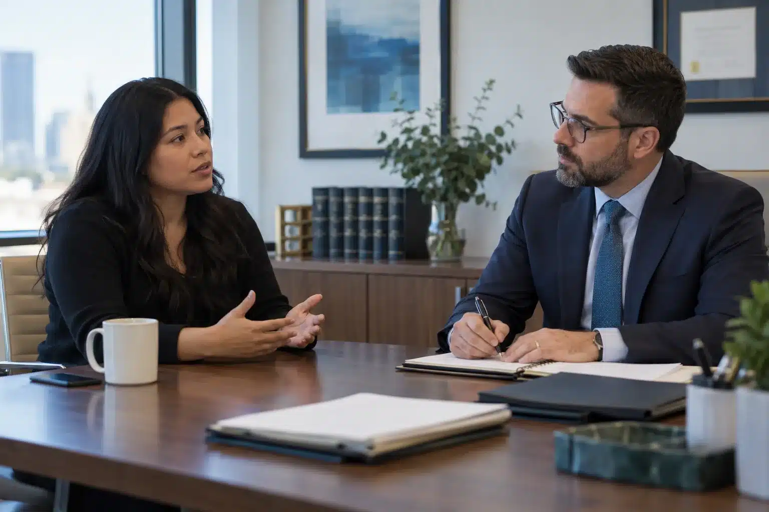 Employee discussing a possible wrongful termination claim with an employment attorney