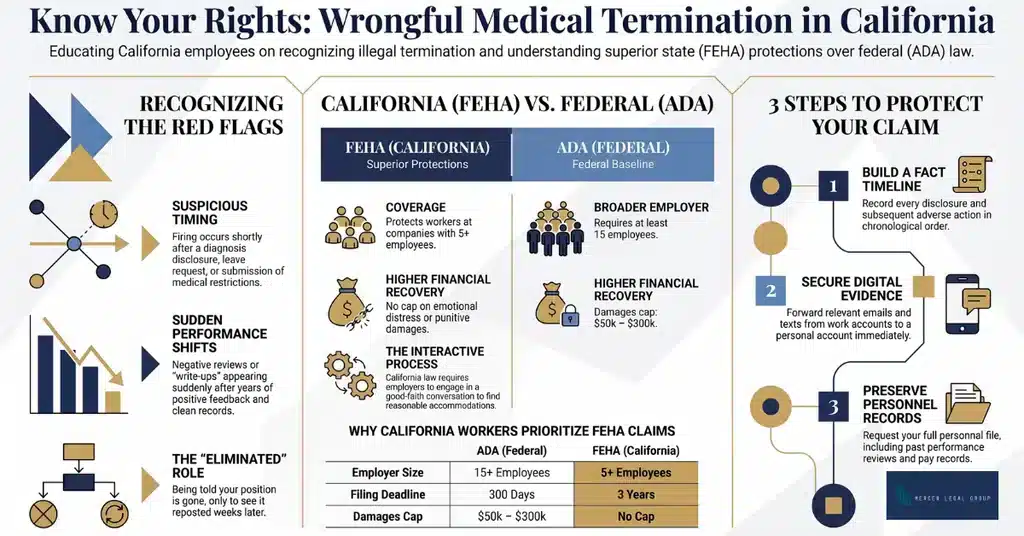 Infographic comparing California FEHA and federal ADA protections for wrongful medical termination