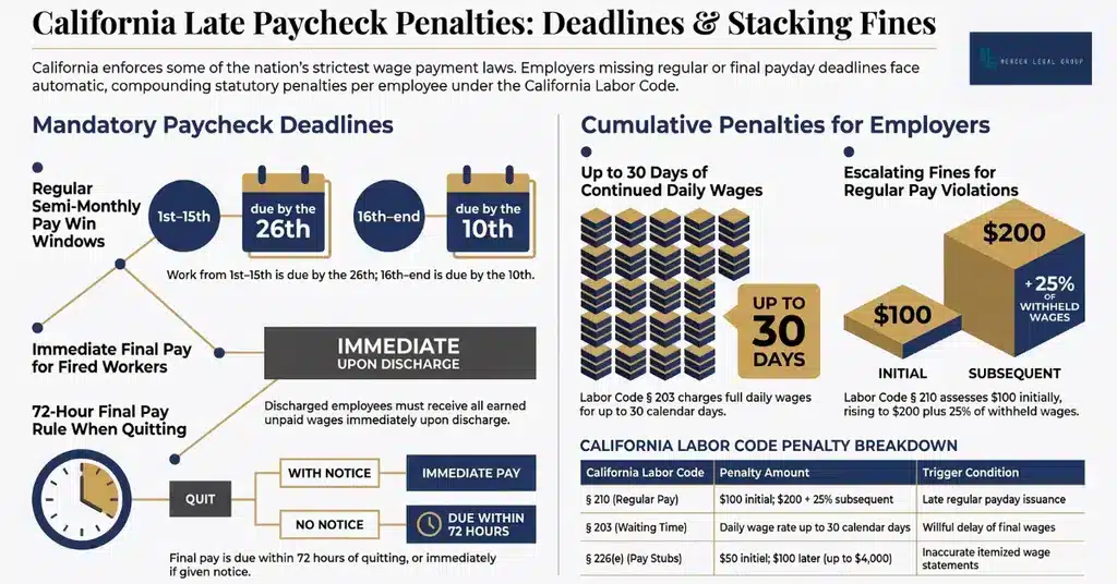 Infographic showing California late paycheck deadlines and stacking Labor Code penalties