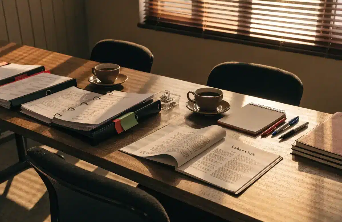 Conference table with wage-claim document folders, notepad, and coffee cups prepared for a consultation