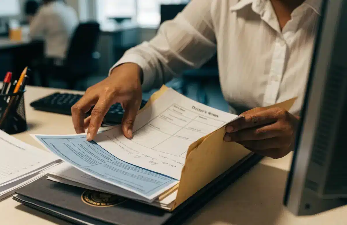 Employee organizing medical documents and a personnel file at an office desk