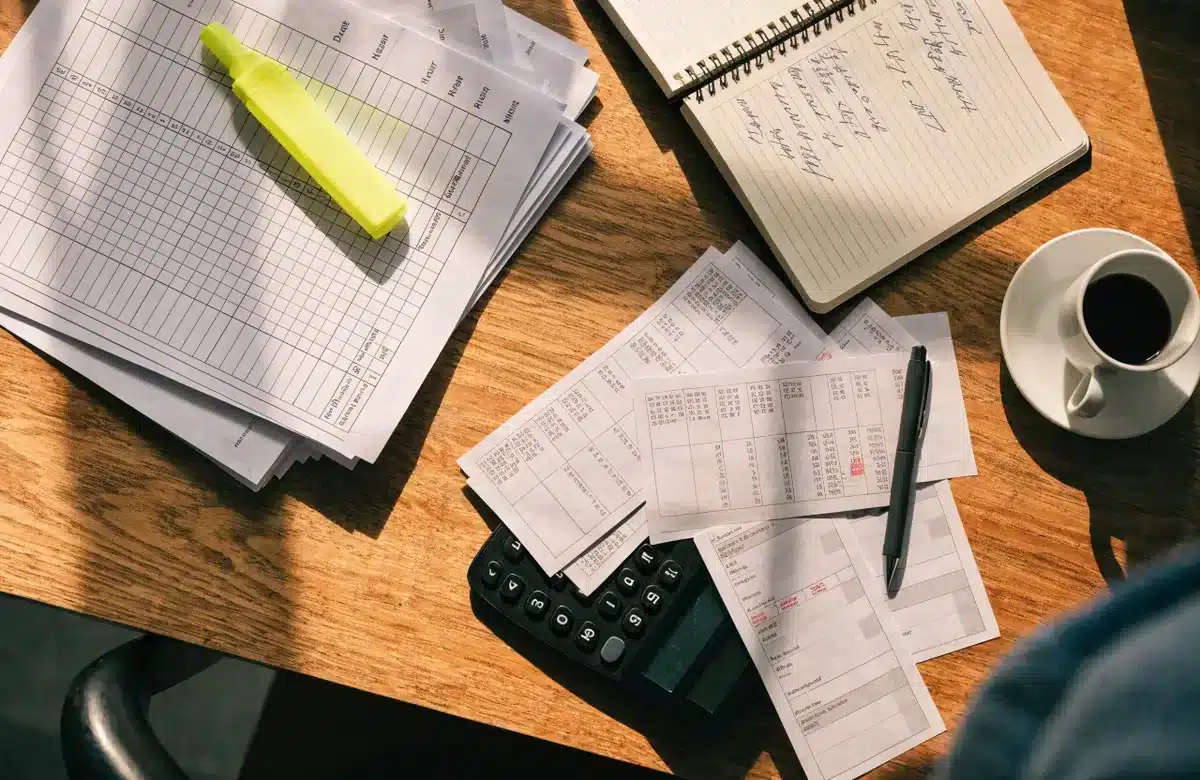 Overhead view of pay stubs, timesheets, and a calculator spread on a wooden desk