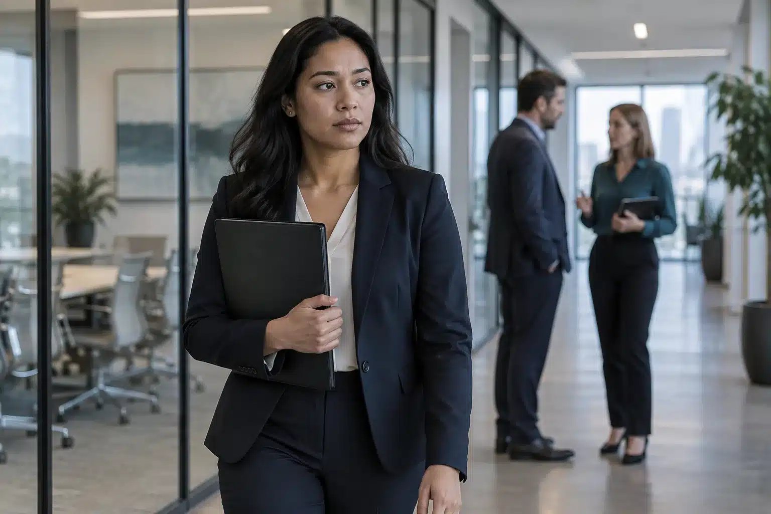 Employee carrying an evidence folder after a workplace meeting