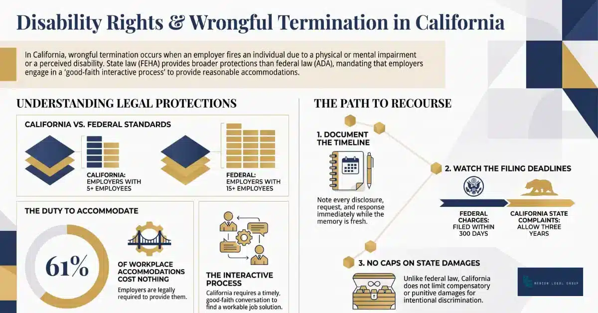 Infographic explaining wrongful termination due to disability in California