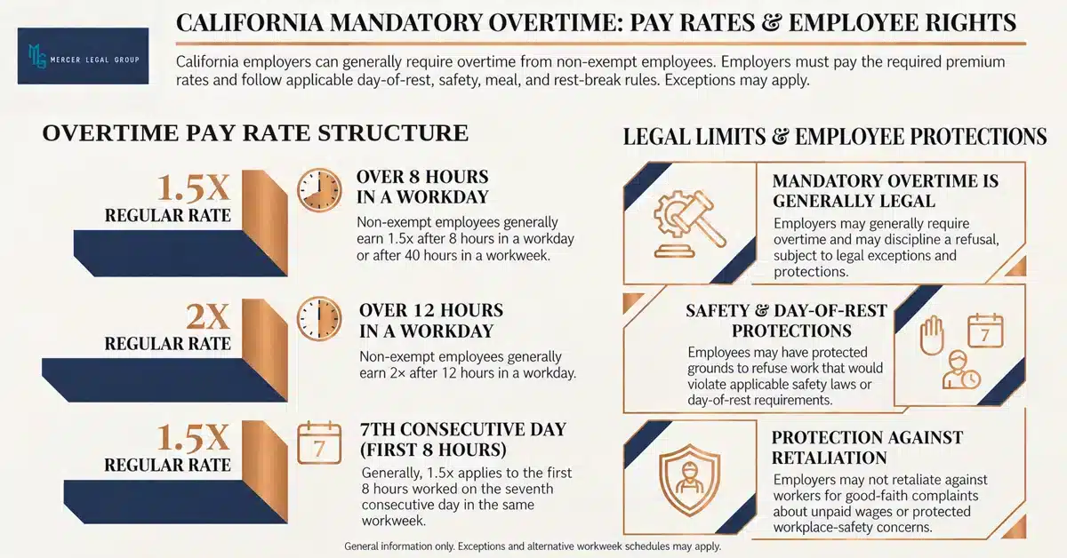 California mandatory overtime pay rates and employee protections infographic