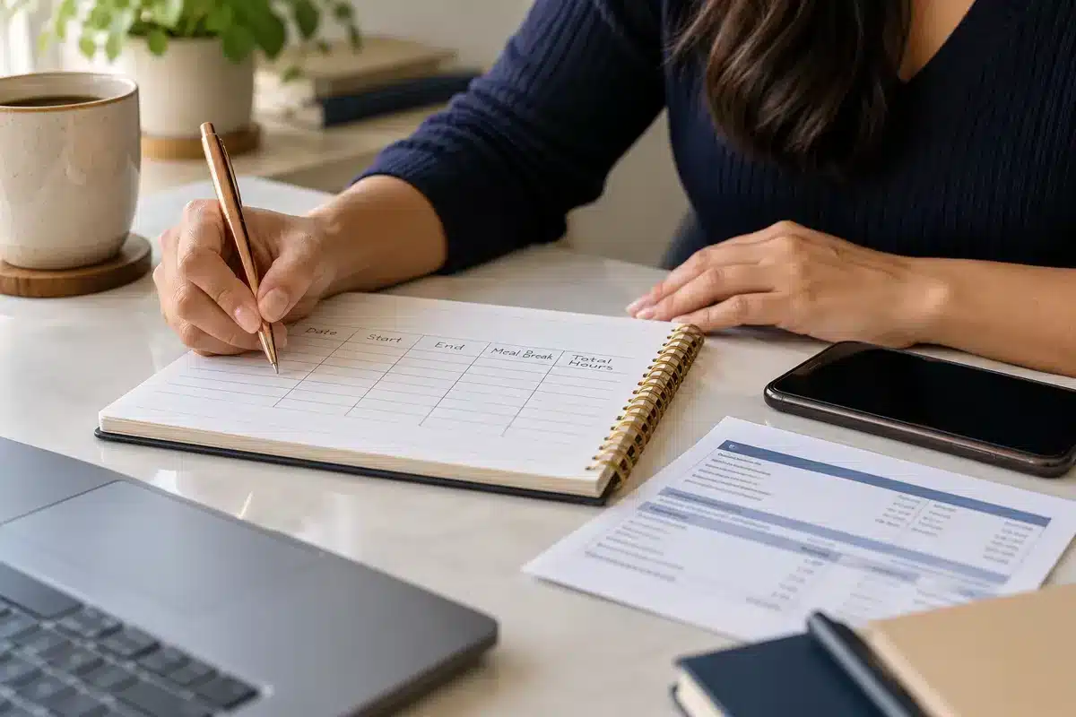 Employee recording start times, end times, and meal breaks in a personal work-hours log